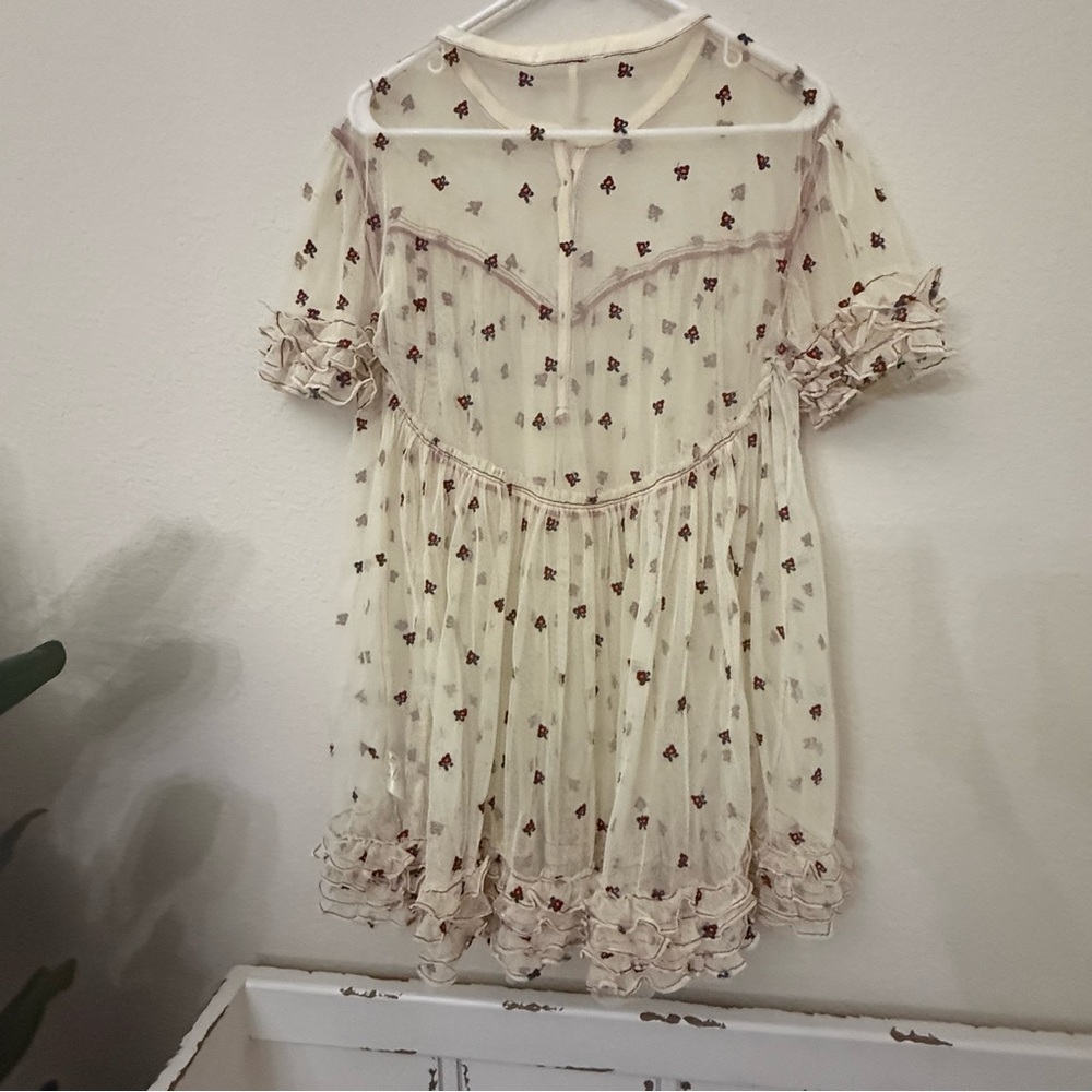 Free People Folklore Frock Dress XS Cream Sheer Embroidered Floral Boho Babydoll - Picture 3 of 8